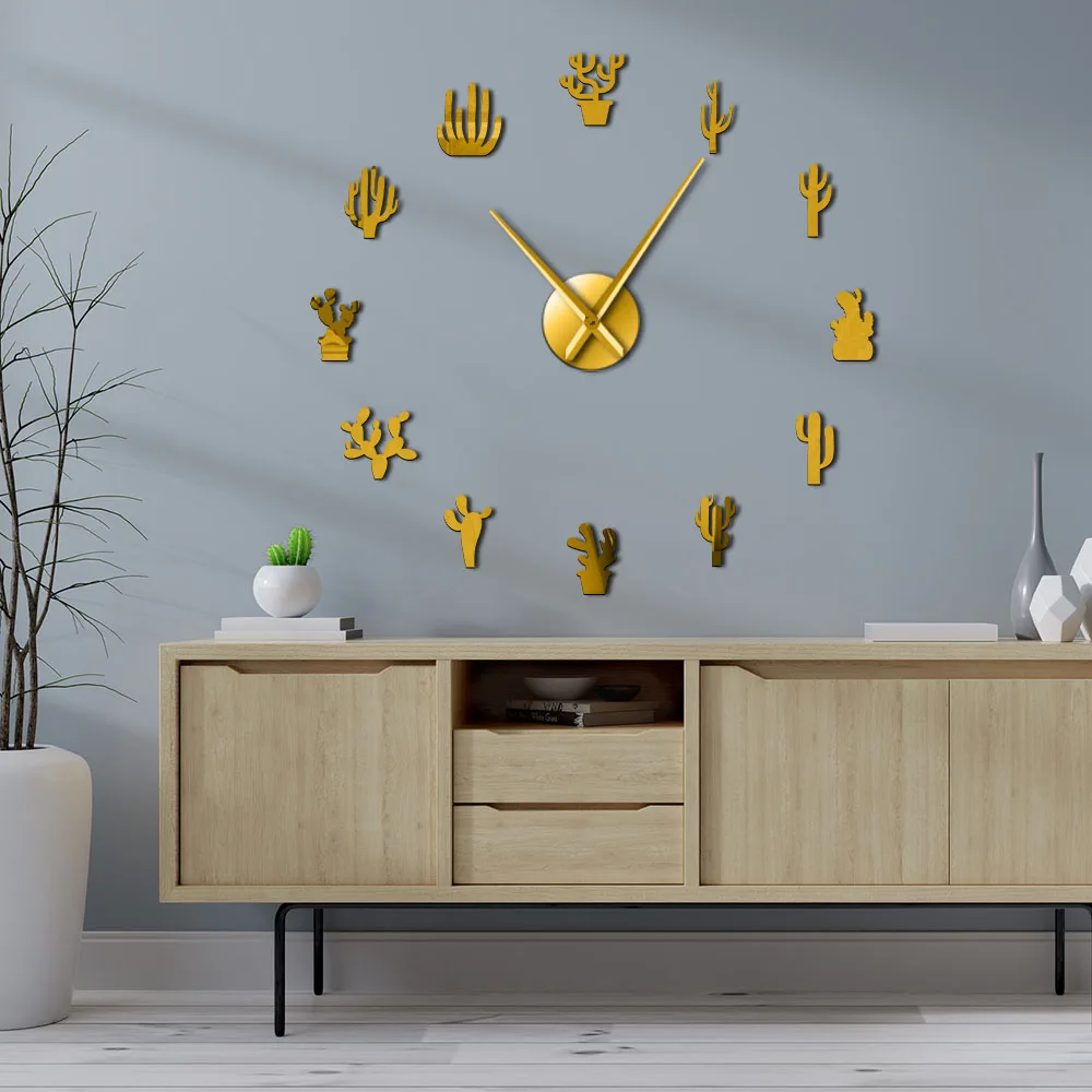 Botanical Home Decor Cactus Large DIY Wall Clock Desert Cactaceae Frameless Big Time Watch With Succulents Mirror Number Sticker