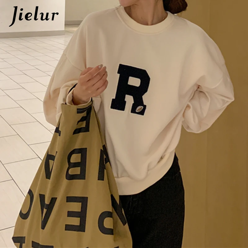 Jielur Lantern Sleeve Sweatshirts Women Apricot Loose Simple Letter R Embroidery O-neck Long Sleeve Tops Streetwear Hoodies M-XL