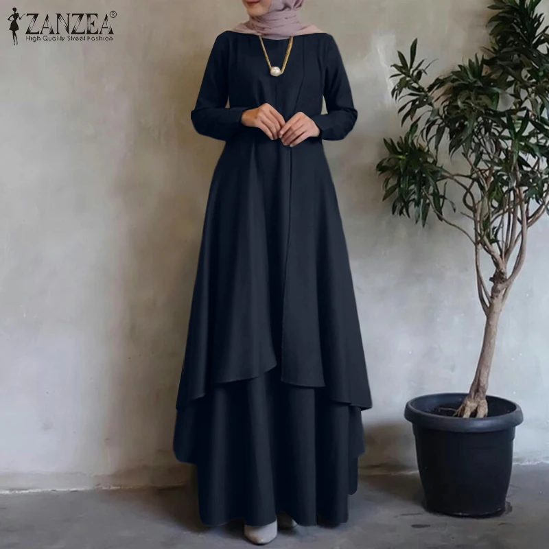 Irregular Hem Loose Long Dress Dubai Turkey Abaya Hijab Sundress Oversized ZANZEA Women Long Sleeve Muslim Kaftan Maxi Dresses