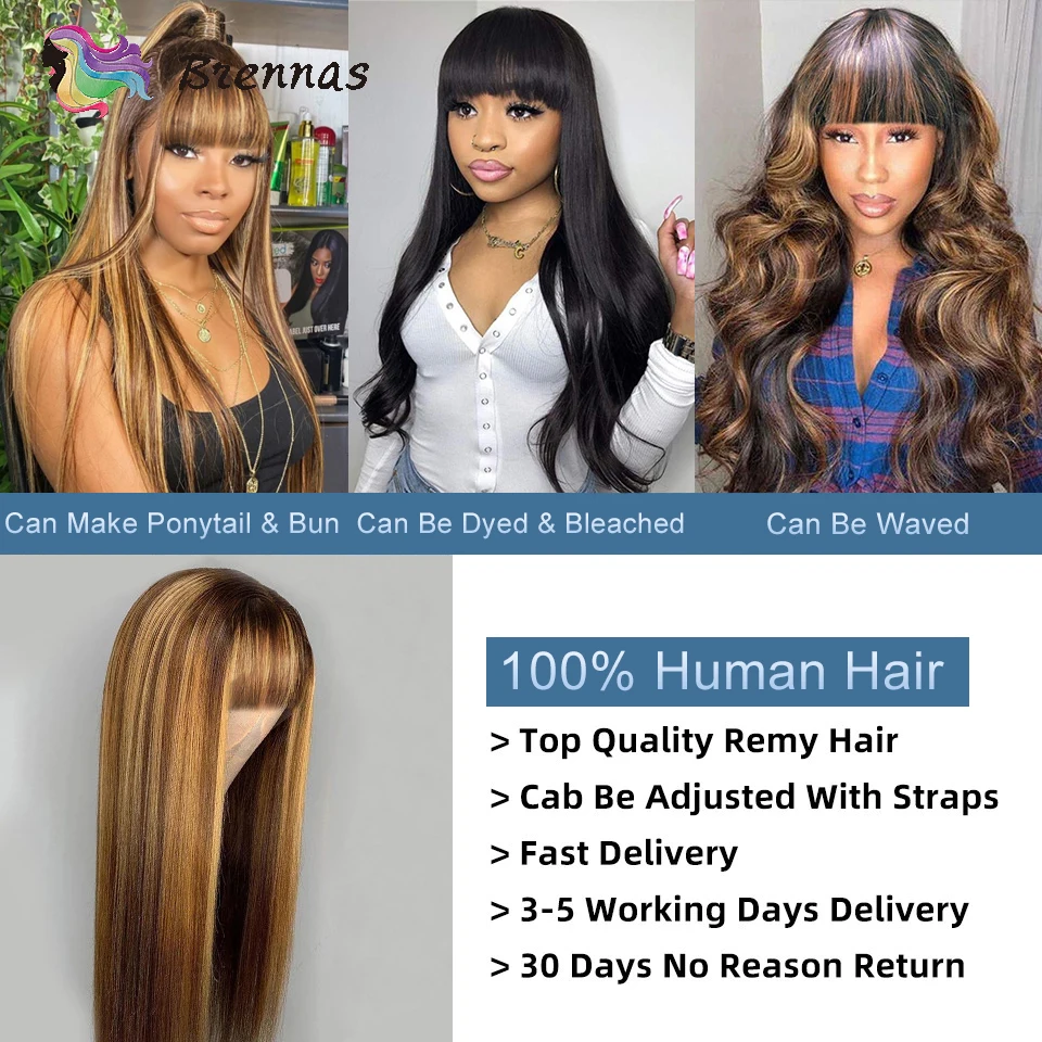 Ombre Straight Human Hair Wig Peruvian Honey Blonde Highlight Straight Wig With Bangs Glueless Machine Made Wigs For Black Women