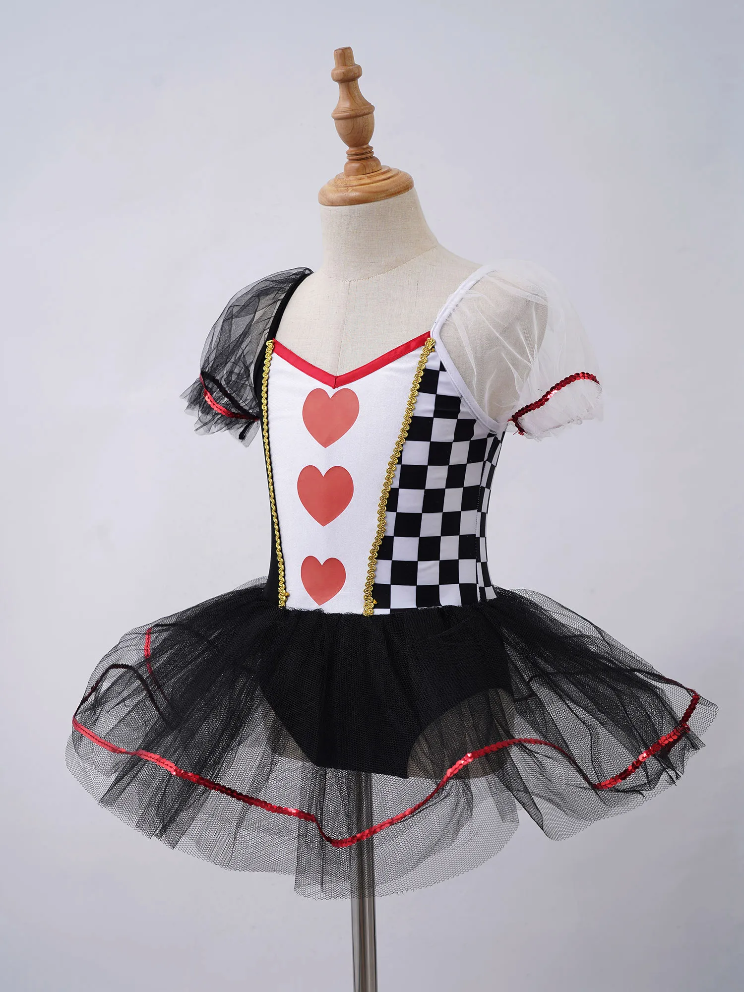 Kids Girls Queen of Heart Costume Short Sleeves Mesh Tutu Dress Children Halloween Cosplay Party Carnival Fancy Dress Up