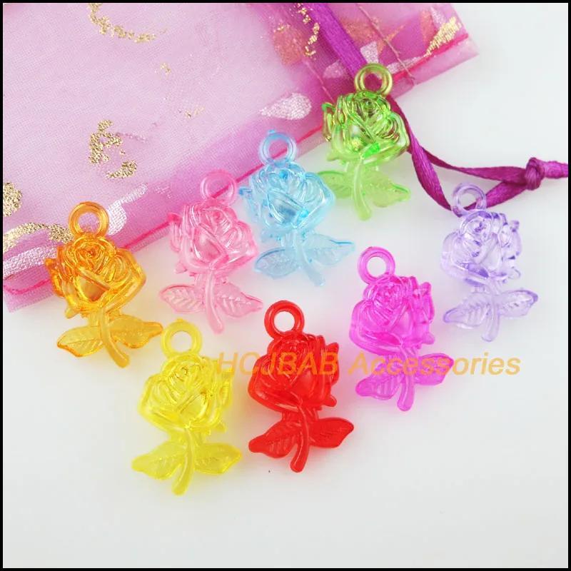 40Pcs Mixed Clear Acrylic Plastic Rose Flower Pendants Charms 17x27mm