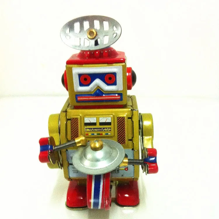 [Funny] Classic collection Retro Clockwork Wind up Metal Walking Tin Band Play gong drum robot recall Mechanical toy kids gift