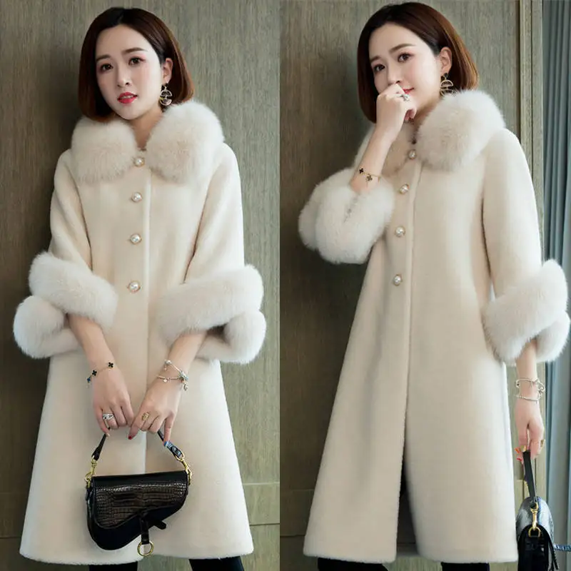 2024 New Classic Faux Fur Coat Women's Mid-length Style Fox Fur Collar Imitation Sheep Shearing Particles Loose Women's Clothing