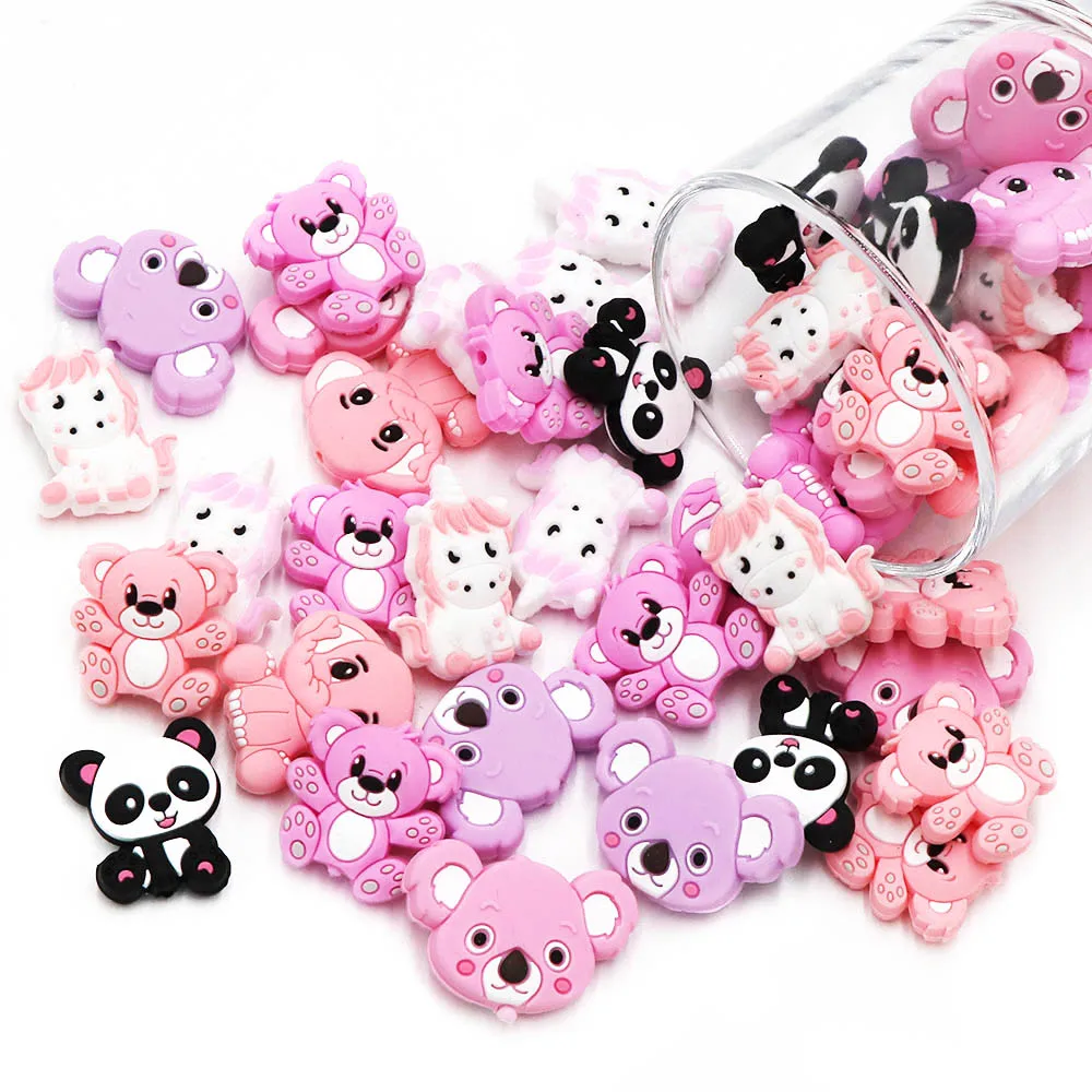 BOBO.BOX 10pc/lot Food Grade Cartoon Silicone Beads Mini Koala Raccoon Fox Penguin Swan Baby Teether Pacifier Clip Beads DIY