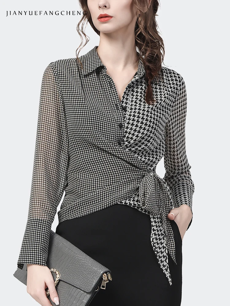 Fashion Womens Chiffon Plaid Shirt 2022 Spring New Long Sleeve Turn-down Collar Crossed Lace-Up Tops Casual Office Female Blouse