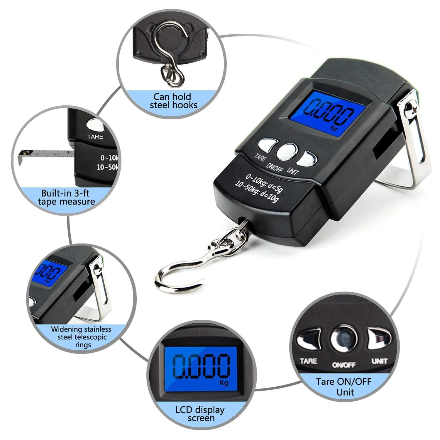 FLYSAND 110lb/50kg Electronic Scale Backlit LCD Display  with Measuring Tape Balance Digital Fishing Hanging Hook Scale Tool