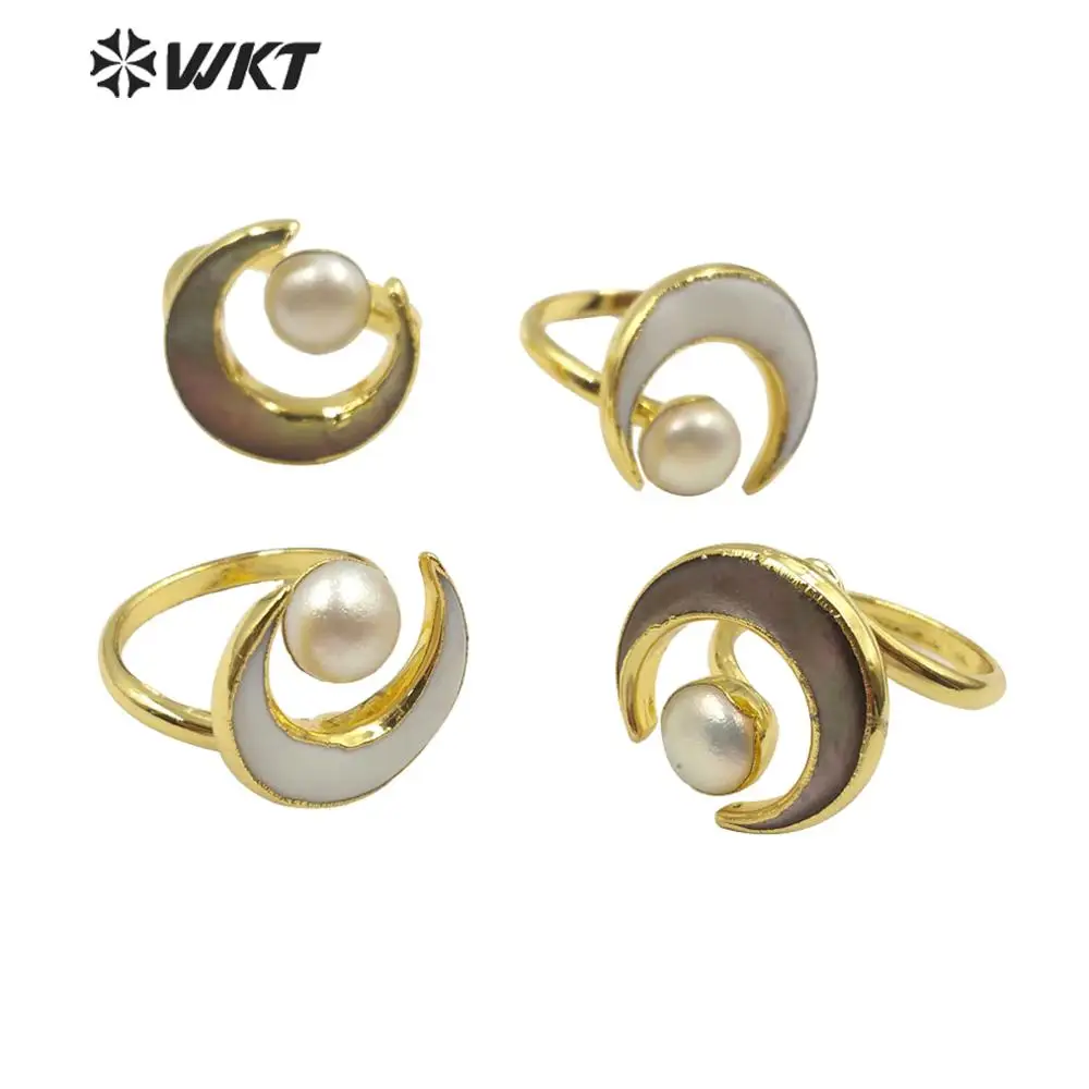 WT-R344 Natural Pearl Shell Ring Unique Design With Gold Electroplated Moon Round Shape For Women Fashion Jewelry Gift