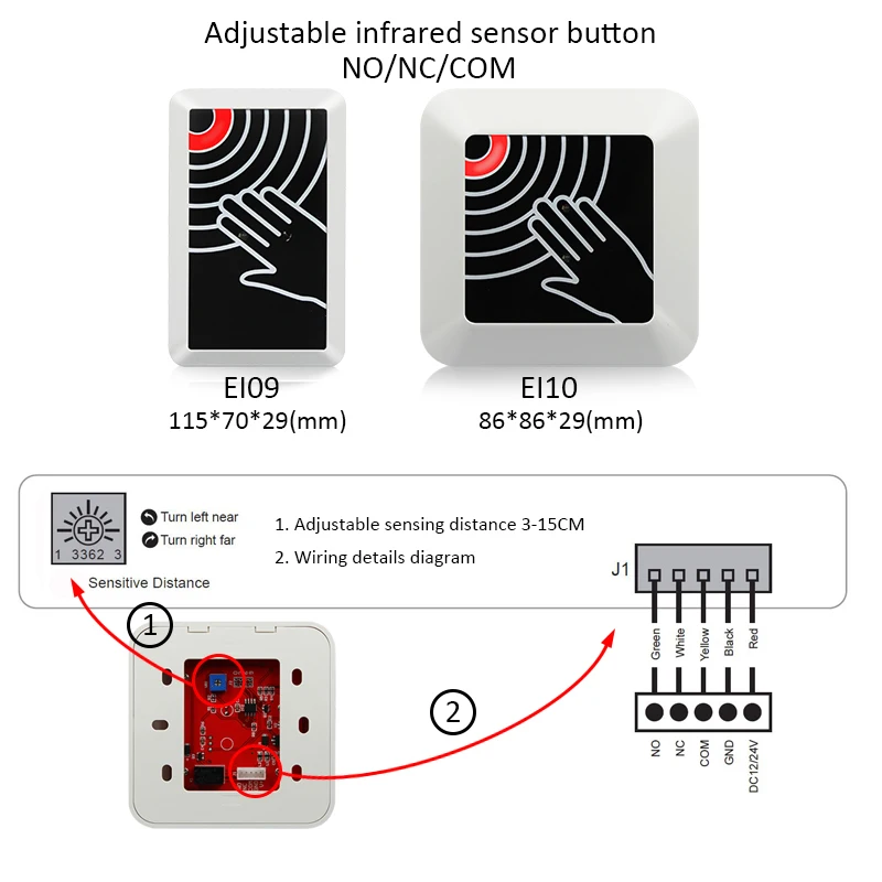 Stainless Steel No Touch Wall Exit Switch Touchless Door Release Exit button Contactless Infrared 12V Access control Push Switch