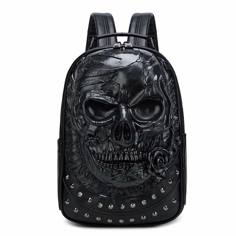 JIEROTYX Rivet 3D Skull Skeleton Embossed Shoulder Bag Travel Backpack Restore Halloween Cool Dark Gothic Carving Backpack