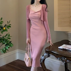 Sexy Elegante Rosa Langen Riemen Kleid Koreanische Zwei Stück Cropped Top und Strap Kleid Set Vintage Casual Party Y2K Kleid set 2021 Neue