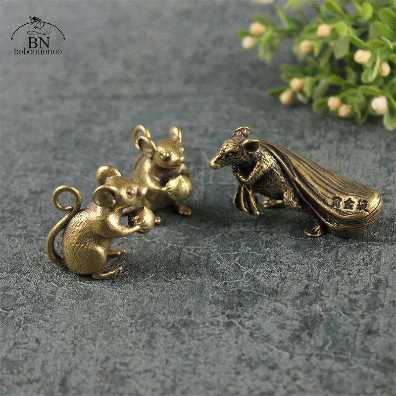 Pure Copper Mouse Offering Peach Figurines Miniatures Creative Cute Rat Lucky Animal Small Desktop Ornament Feng Shui Home Decor