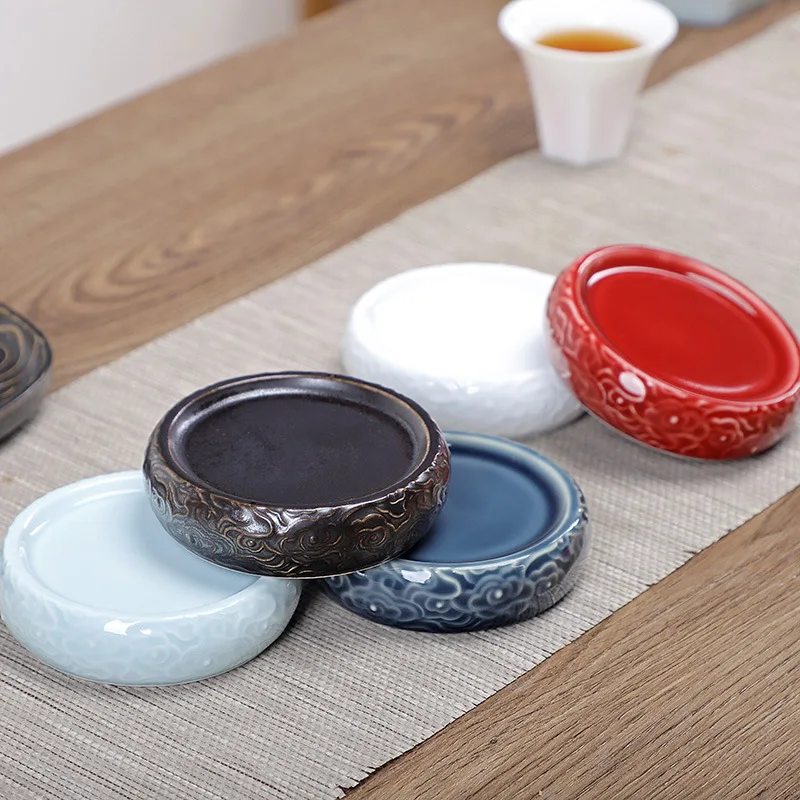 Cover Ceramic Chinese Retro Embossed Pot Lid Teacup Mat Coaster Tea Ceremony Utensils Creative Insulation Cup Saucer Coasters