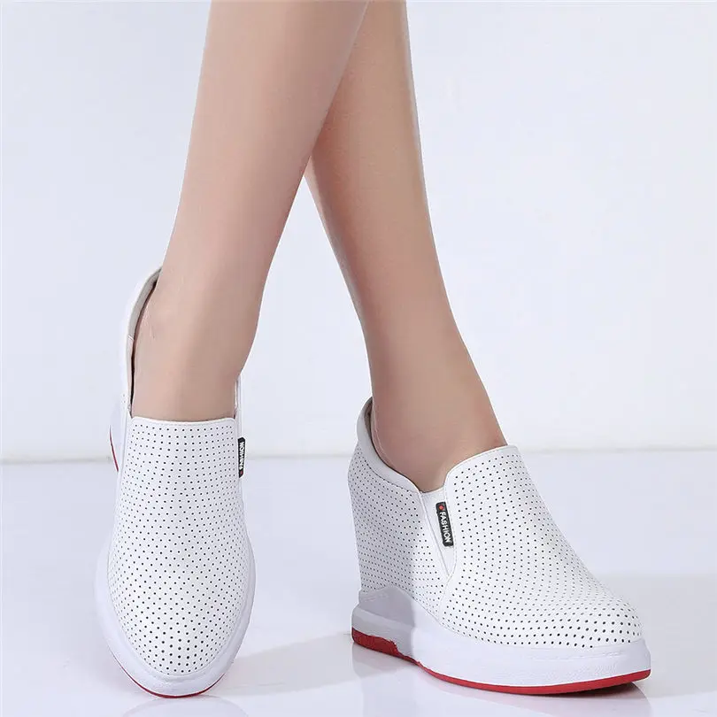 Breathable Oxfords Women Genuine Leather Wedges High Heel Platform Pumps Shoes Female Round Toe Fashion Sneakers Casual Shoes