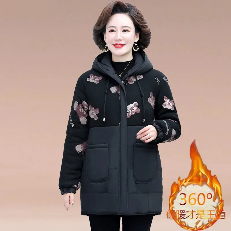 Mother\'s Padded Jacket And Velvet Thickened Hooded Winter Coat Middle-Aged And Elderly Women\'s Warm Plaid Cotton Clothes Female