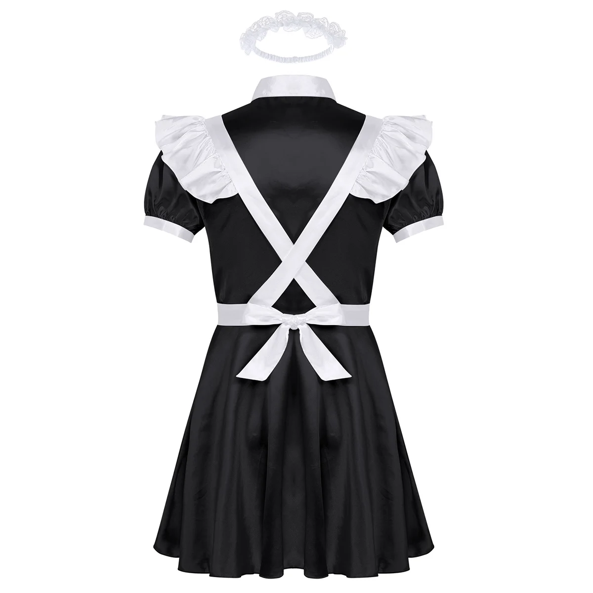 Mens Sissy Maid Cosplay Costume Puff Sleeve Frilly Satin French Apron Servant Babydoll Dress Roleplay Crossdress Club Nightwear