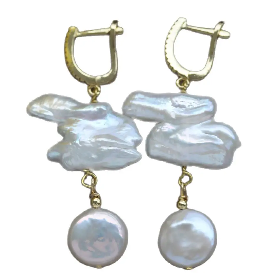 

MTC·STAR Z10801 2line 23mm White Baroque Keshi Coin Pearl Dangle Earring CZ