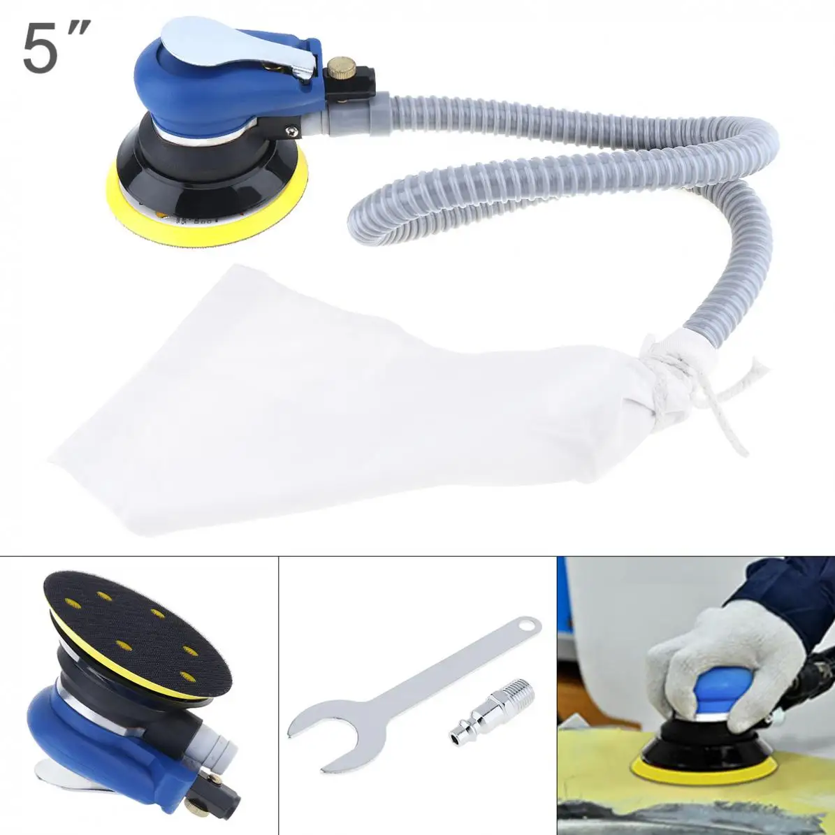 

5 Inch 10000RPM Self vacuuming Pneumatic Sander Machine with 1m Air Tube and 6-hole Matte Surface Sanding Pad new