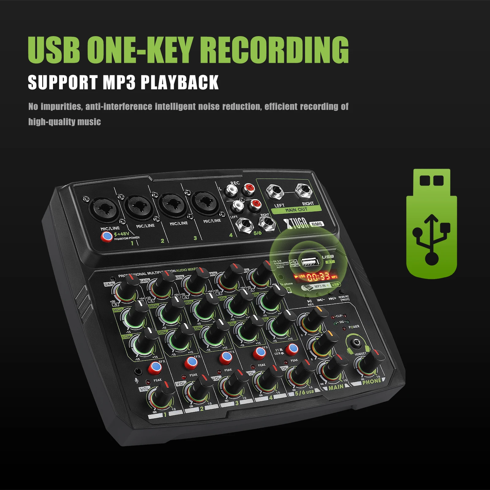 Xtuga-console de áudio dj, com função de transmissão ao vivo, bluetooth, monitoramento, usb para gravação em pc, transmissão ao vivo, telefone celular