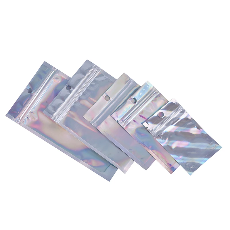 Caldo! 10 pezzi sacchetti con chiusura a Zip iridescente sacchetti con cerniera olografica Laser in plastica cosmetica buste autosigillanti sacchetti regalo