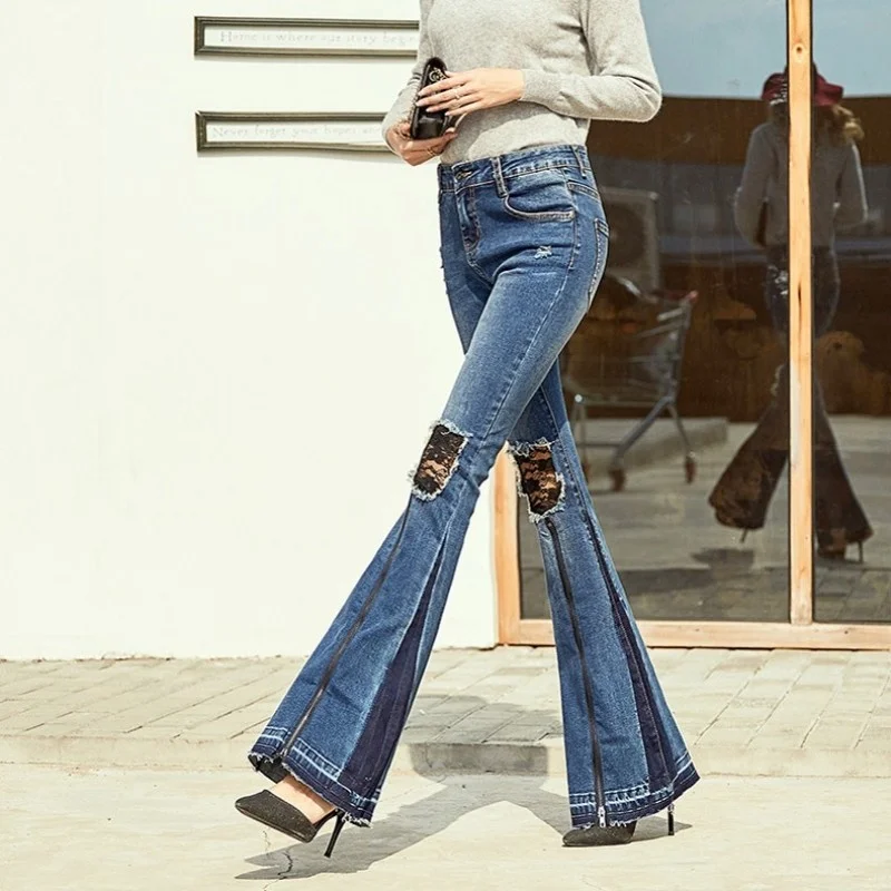 Big Women Ripped Hole Lace Splice High Waist Flare Jeans Streetwear Slim Tassel Trousers Fashion Office Lady Denim Flare Pants