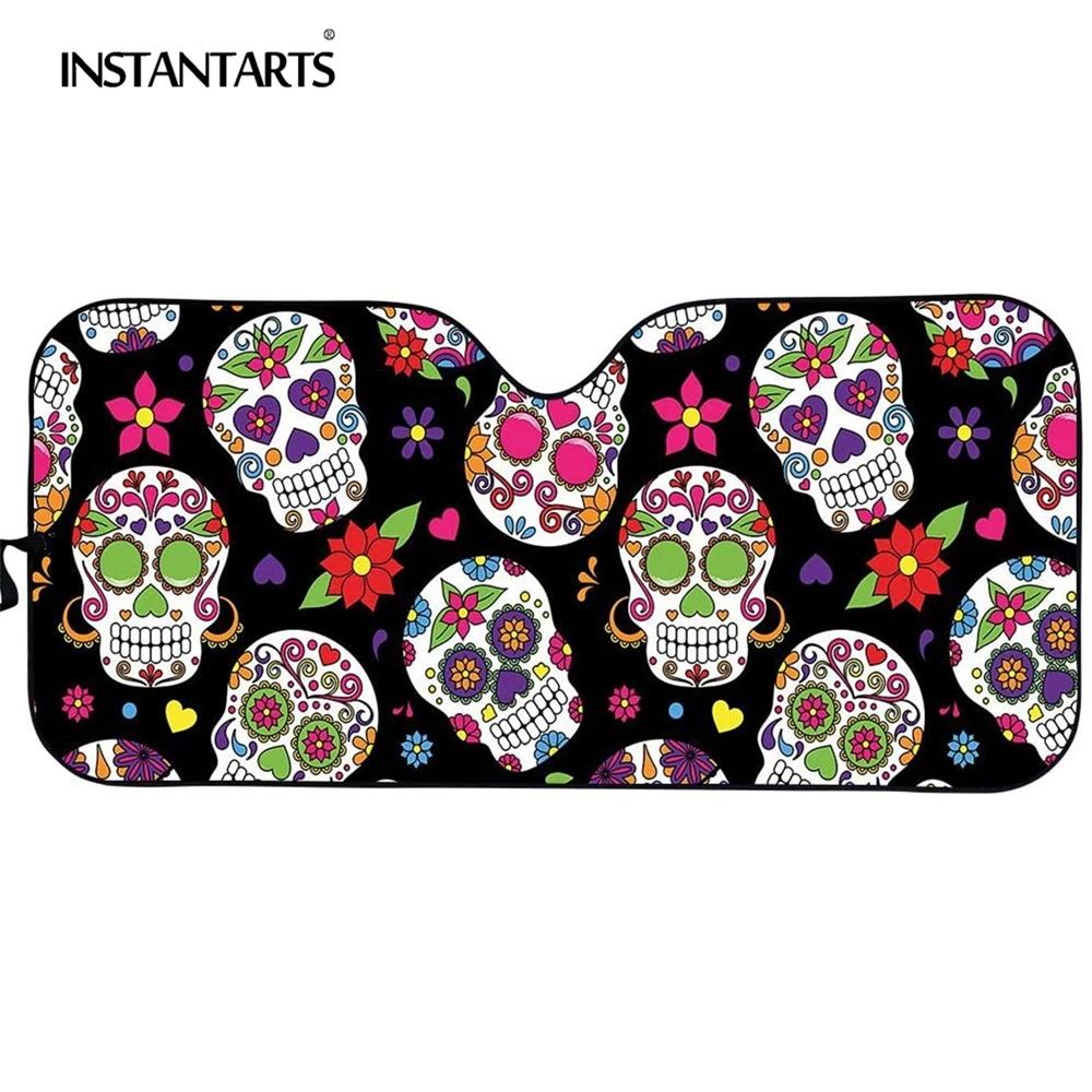 

INSTANTARTS Sugar Skull Design Car Sunshade Front Window Auto Accessories Windshield Sun Solar Protector Visor