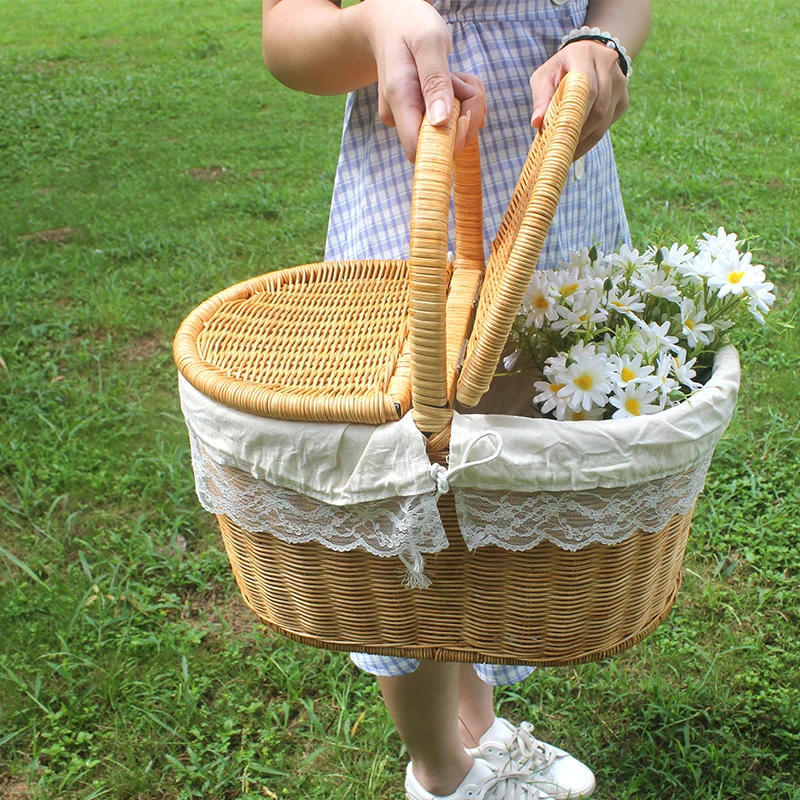 Bamboo and rattan woven picnic basket with lid outdoor creative shopping basket food storage basket vine basket shopping basket