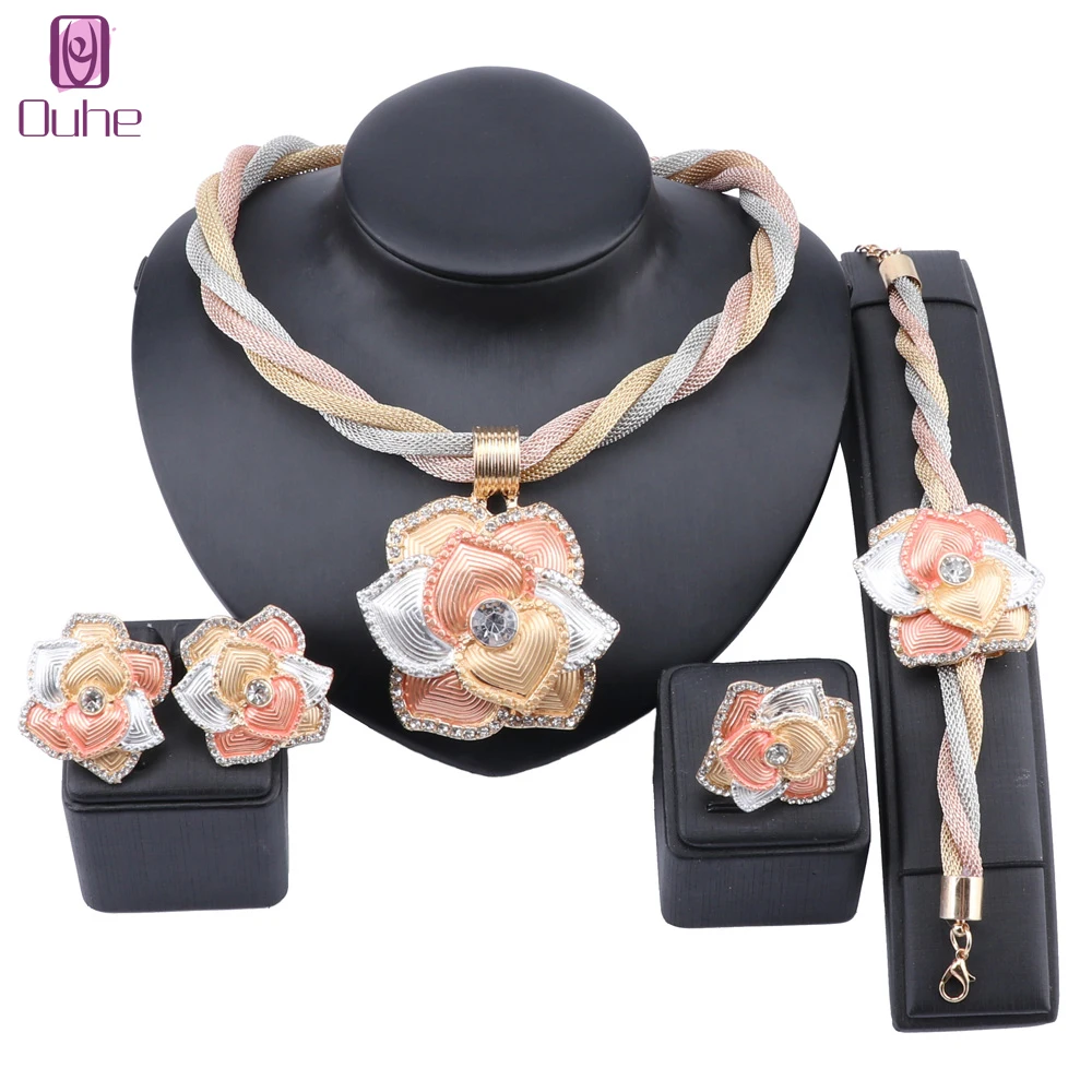 

Women Dubai Gold Color Crystal Flower Chunky Statement Necklace Bracelet Earring Ring Costume Jewelry Set