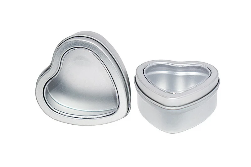 Heart Metal Tins,Empty Heart Shaped Silver Metal Tins with Clear Window for Candle Making, Candies Promotion 10Pcs