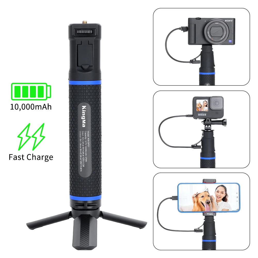 KingMa10000mAH Power Bank Battery Hand Grip Selfie stick For GoPro hero10 9 8 7 6 5 Smartphone DSLR Camera 20W PD/QC Fast Charge