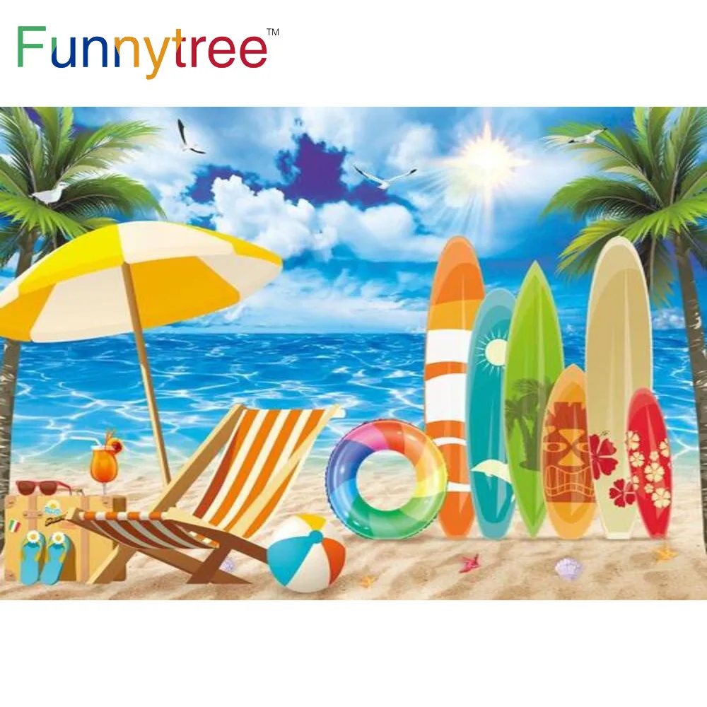 Funnytree Summer Holiday Beach Surfboard Boy Girl Baby Shower Birthday Party Background Aloha Tree Ball Shells Lifebuoy Backdrop