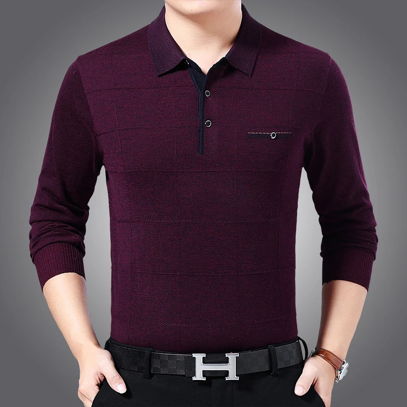 New Man 2020 Knit T Shirts Turn-Down Collar Thin Sweater Casual Man Plaid Long Sleeve Jumpers Buttons