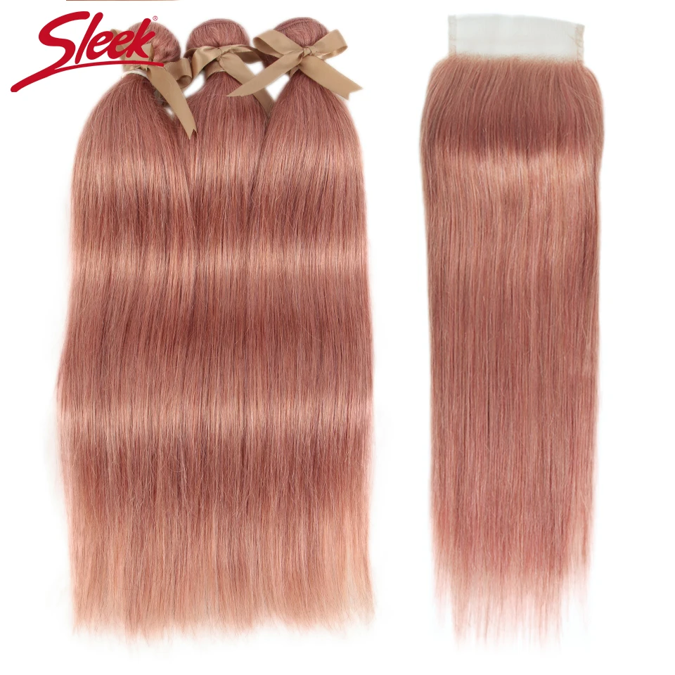 Sleek Brazilian Straight Hair Bundles With Closure S PINK 8 Hair Weave 10-26 Inches Remy Human Hair 3 Bundles With Closure