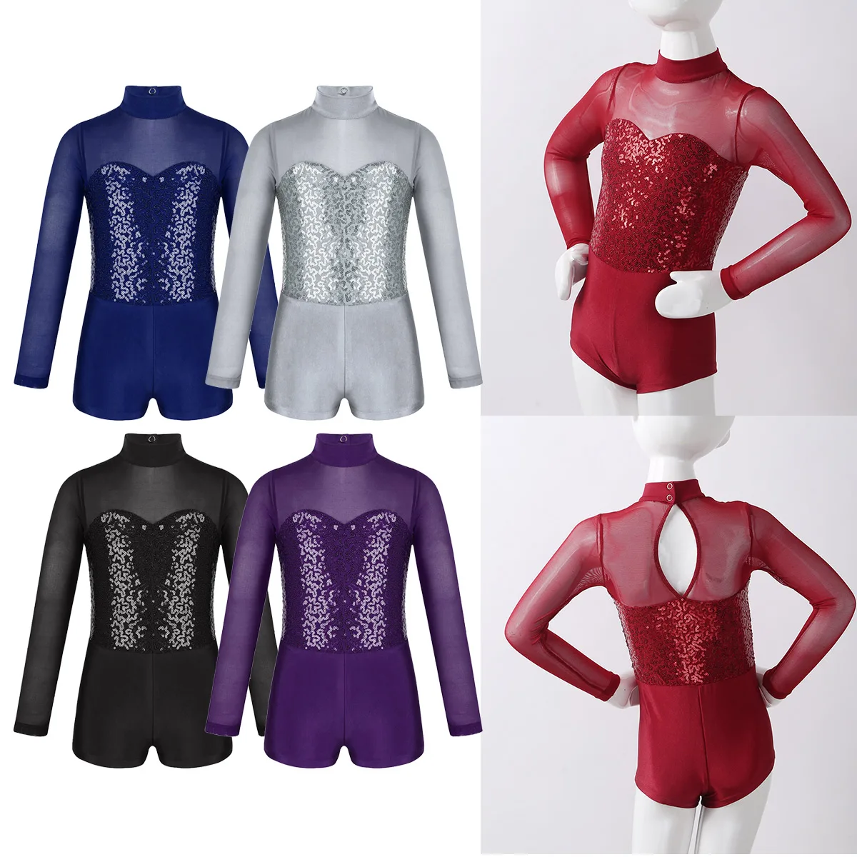 Kids Long Sleeves Sequins Tulle Splice Gymnastics Leotards Unitards Biketard Girls Ballet Dancewear Stage Performance Costume