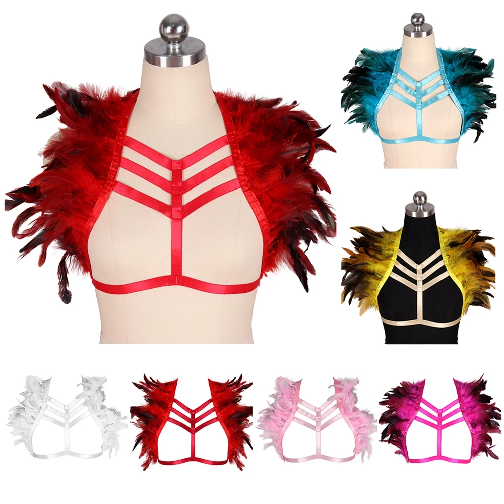 

Sword Belt Body Harness For Bra Women Strappy Feather Tops Hollow Sexy Lingerie Halter Elastic Adjust Punk Goth Club Dance Rave