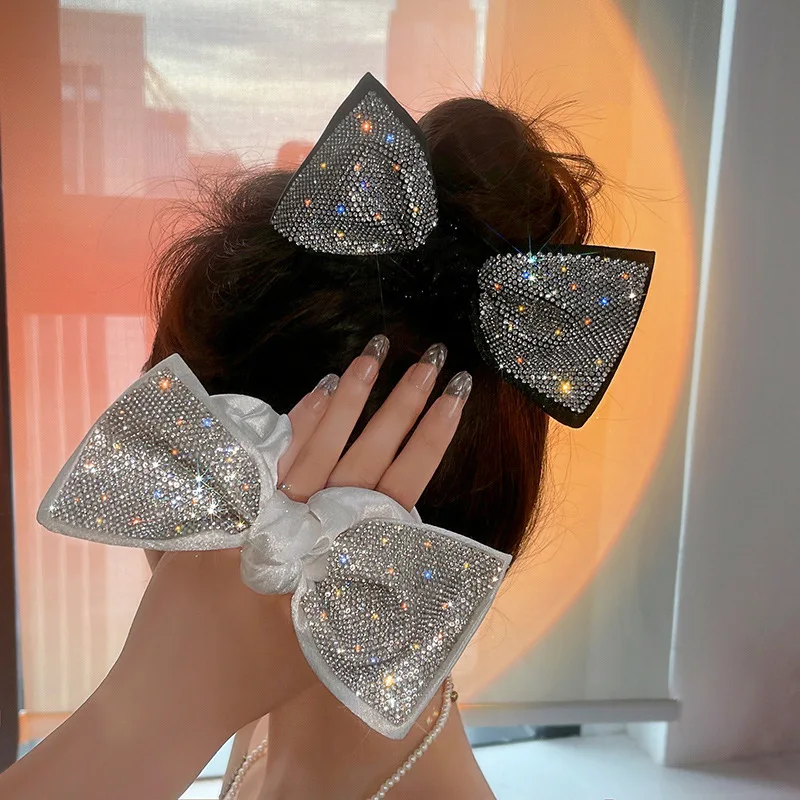 

Luxury Rhinestones Bow Hair Scrunchies Ties Korean Rope Elastic Rubber Bands Ponytail Holder Girl Hair Accessories For Women New