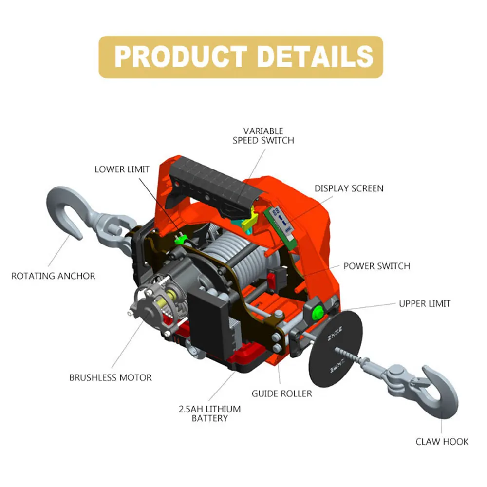 Pre-verkauf Portable Winch Elektrische Hoist Kran Zugkraft 1000lbs/455kgs Mit 2,5 Ah lithium-batterie