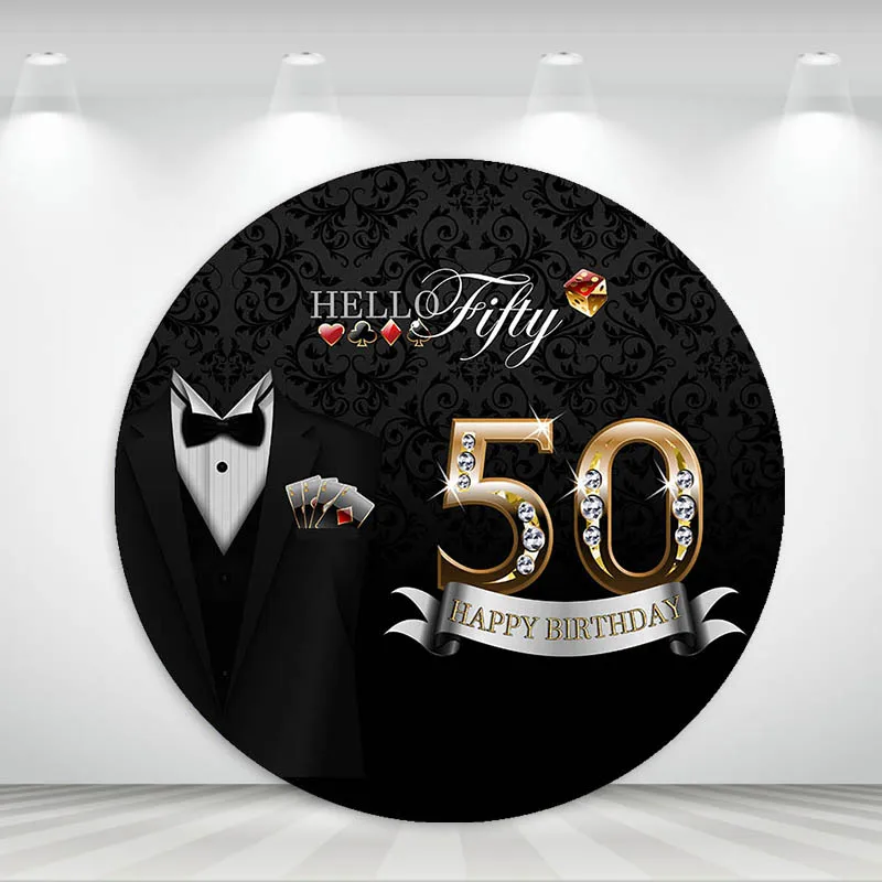 Mocsicka 50th Happy Birthday Photo Background Hello Fifty Men Gentleman Tuxedo Black Round Backdrop Cover Vinyl Photography Prop