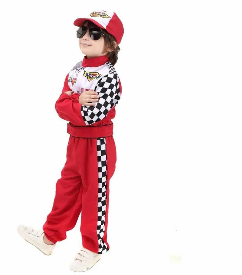 Kids Boys Halloween Racer Cosplay Red Race Car Driver Uniform Children`s Racing Driver Costume Fancy Dress Masquerade Costume