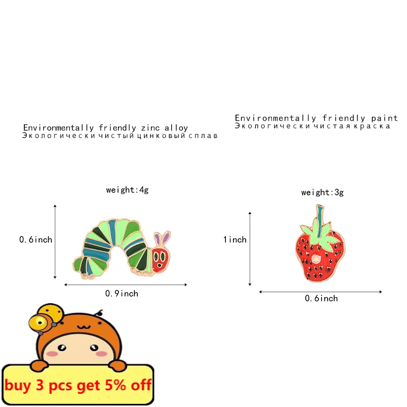 Caterpillars and Strawberry Cartoon Pins Fruit Brooches Enamel Pins Lapel Pin Couple Funny Cute Jewelry Gifts for Kids Wholesale