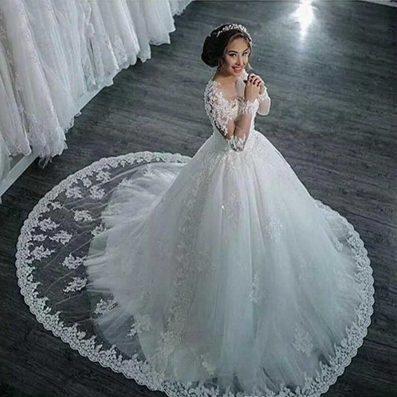 Vintage Ball Gown Wedding Dress Illusion Tulle White Appliques Bridal Dresses Custom Made Women Party Clothing Robe De Marree