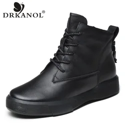 DRKANOL stivaletti classici in vera pelle per donna scarpe calde invernali stivali corti piatti fatti a mano in pelle bovina primo strato