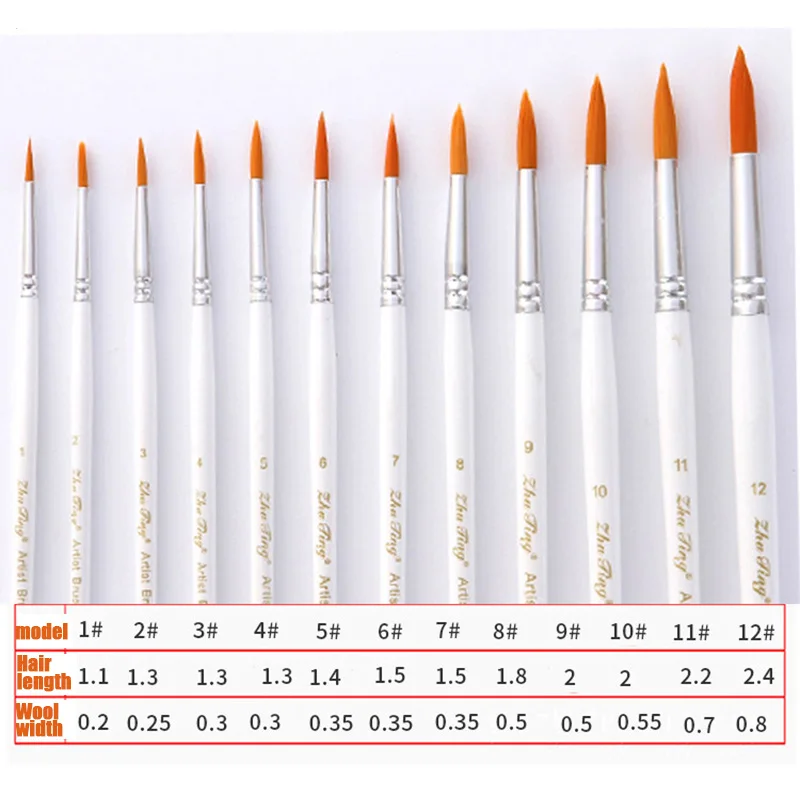 아티스트 브러시 고품질 나일론 머리 나무 손잡이 수채화 아크릴 오일 브러시, 페인팅 아트 드로잉 도구 용품, 12 개/세트