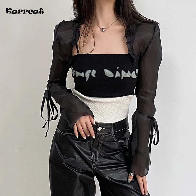 

Karrcat Gothic Cloak Womne Long Sleeve Crop Top Bow Design Black Cape + Patchwork Tank Top Two Piece Set Korean Style Sexy Tops