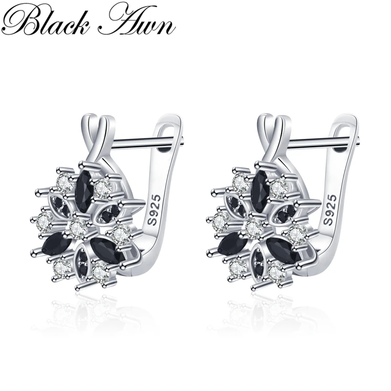 Black Awn 2024 New Silver Color Round Trendy Spinel Engagement Flower Hoop Earrings for Women Jewelry Bijoux I212