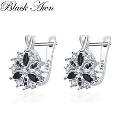 Black Awn 2023 New Silver Color Round Black Trendy Spinel Engagement Flower Hoop Earrings for Women Jewelry Bijoux I212
