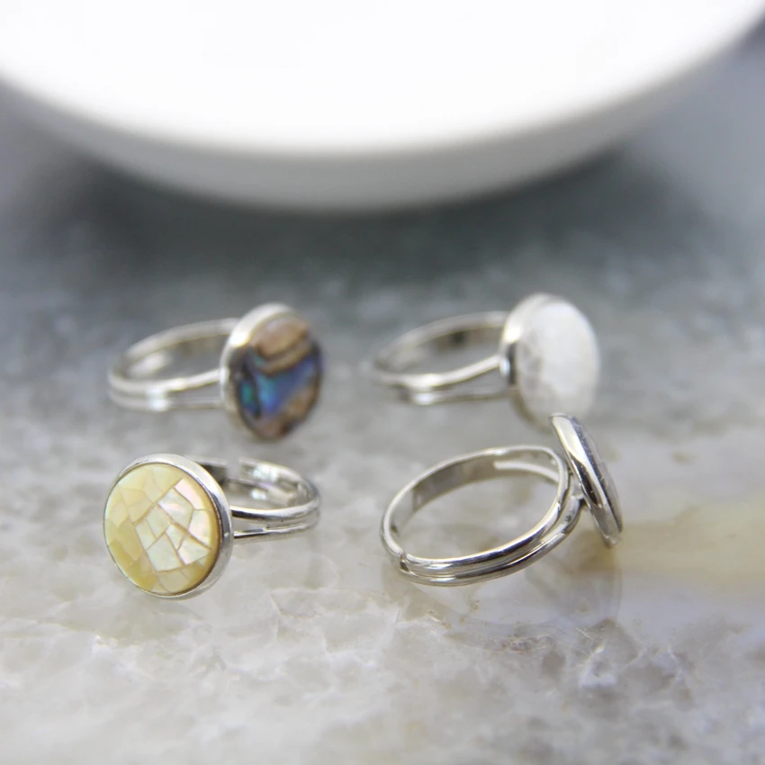 Beautiful Abalone Shell Adjustable Rings,Shell Pearl Classic Round Shape Rings,White/Yellow/Grey/Rainbow Women Finger Rings