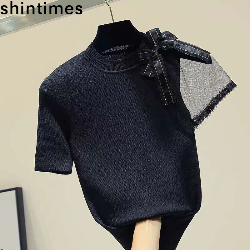 Camisetas De Mujer Bow Knitted  T Shirt Women Mesh Patchwork Short Sleeve T Shirts Woman Clothes New 2022 Summer Tops Tee Shirt