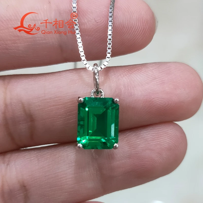 8*10mm Lab-Grown Emerald Shape 925 Sterling Silver Green Stone Pendant Jewelry Minor Cracks Engagement Party Necklace for Women