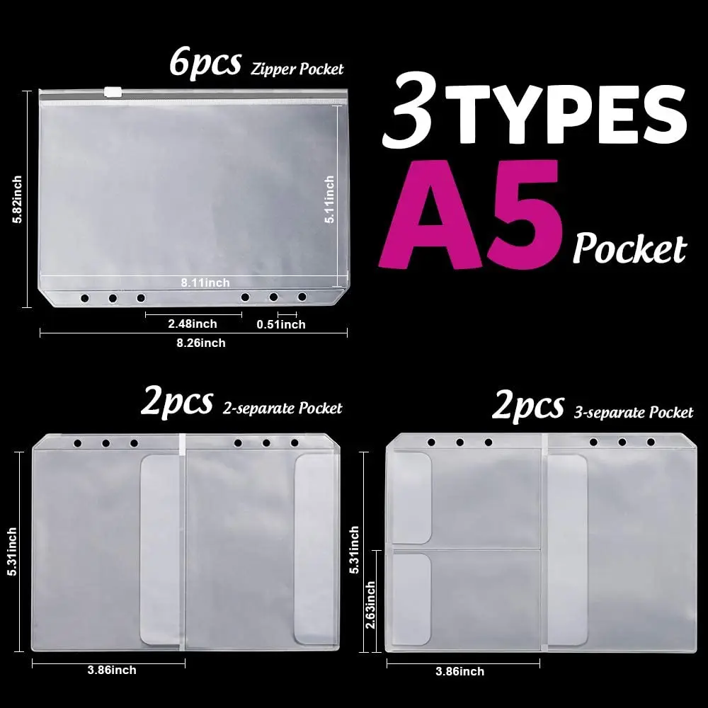 A5 6 Ring Binder Pockets(3 Types)- 6pcs Zip Lock Envelope and 2-Pocket Binder Bag and 3-Separate Pocket for Filofax Organizer